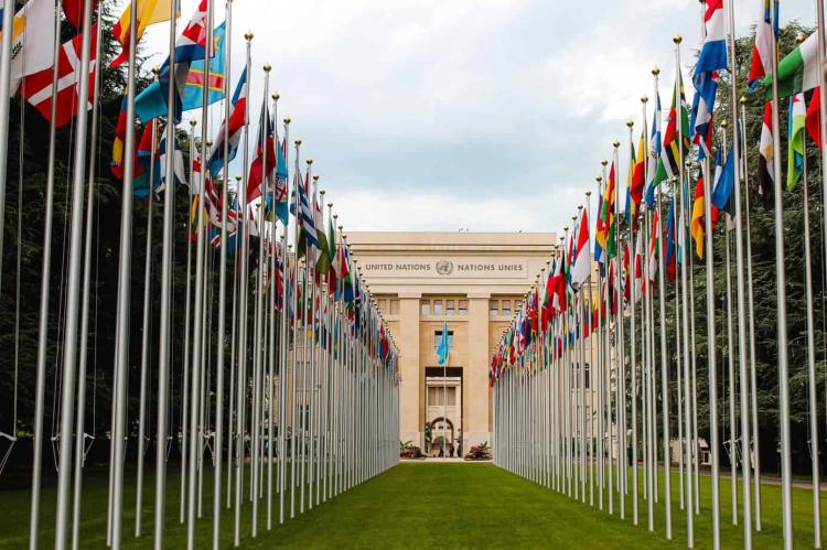 Duas fileiras de bandeiras dos países das nações unidas, com prédio da ONU ao fundo