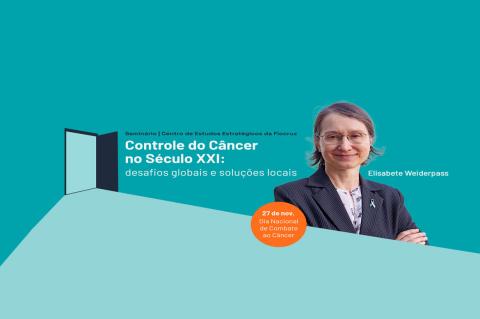 Mulher de óculos e cabelos grisalhos sorri e ilustra cartaz do seminário Controle do Câncer no Século XXI