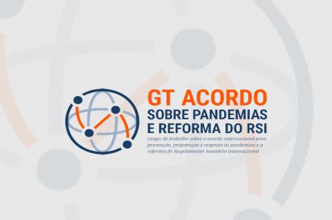 Círculo contendo elipses que se cruzam, nos tons azul e laranja, compondo a logomarca do GT Acordo sobre Pandemias