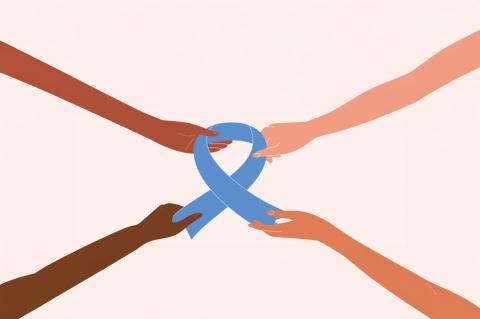 Mãos em diversos tons de pele seguram uma fita azul, representativa do câncer