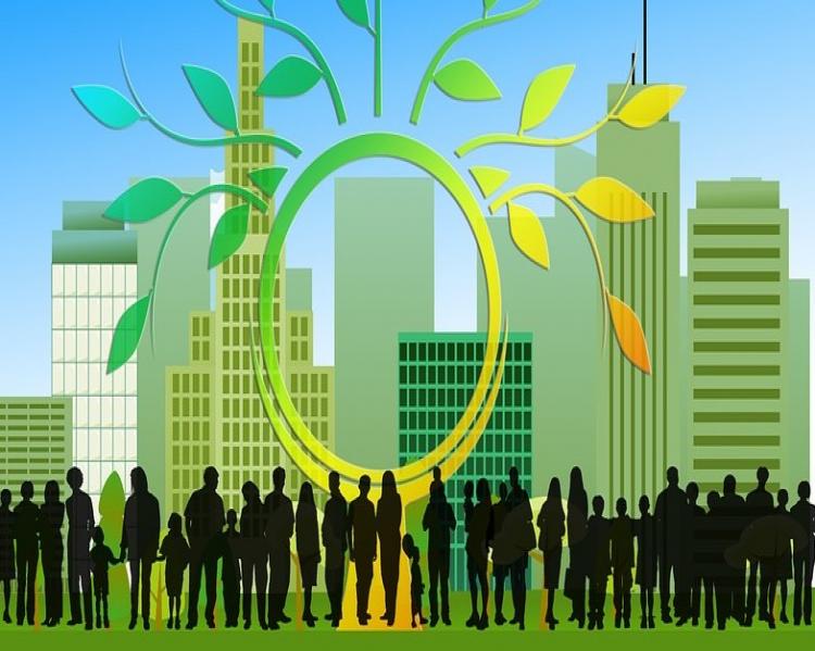 Ilustração com prédios e árvores na cor verde e silhuetas em preto na base