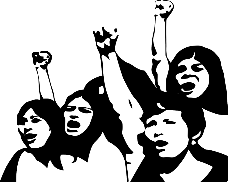 Imagem desenhado em preto e branco de mulheres com os braços erguidos em sinal de luta