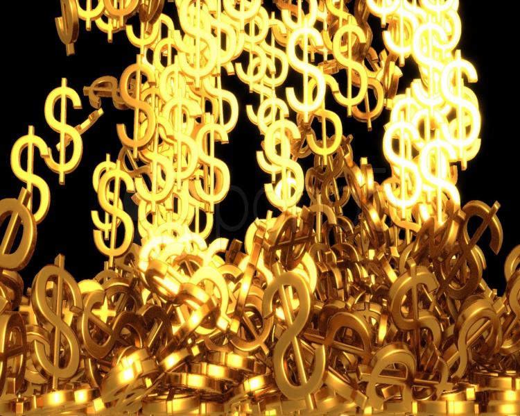 Uma chuva de cifrões dourados caindo e espalhando-se