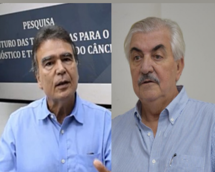 Duas fotos, lado a lado, uma de homem grisalho e bigode, com camisa clara, outro, de cabelos escuros e camisa azul; ambos falam