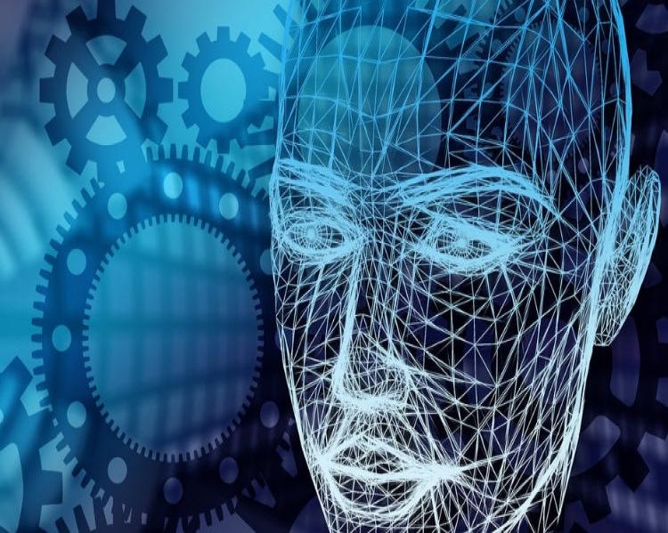 Feições de um rosto humano conformadas por linhas em rede, em tons de azul, com engrenagens ao fundo