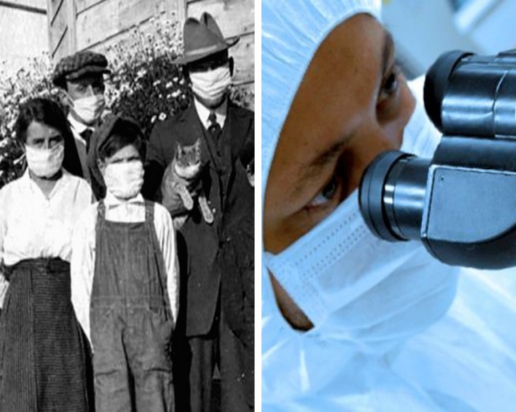 Duas fotos lado a lado, a primeira mostrando pessoas de máscaras, em 1918, durante a gripe espanhola; a segunda o rosto em primeiro plano de um pesquisador olhando ao microscópio