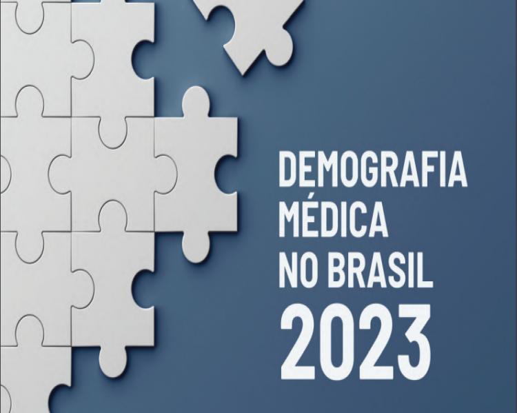 capa de relatório mostrando quebra-cabeças de cor cinza sobre fundo azul com o título em letras cinzas Demografia Médica no Brasil 2023