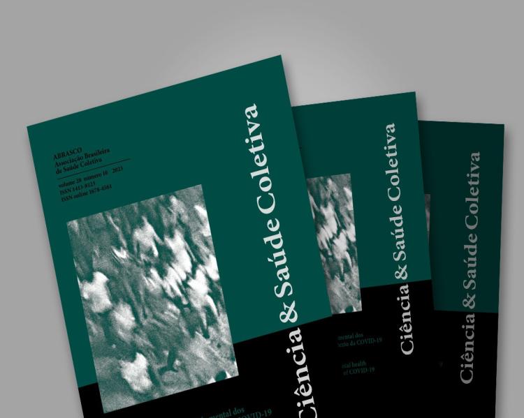 Três capas replicadas da revista Ciência e Saúde Coletiva com fundo verde e preto e o nome da revista na lateral em letras brancas