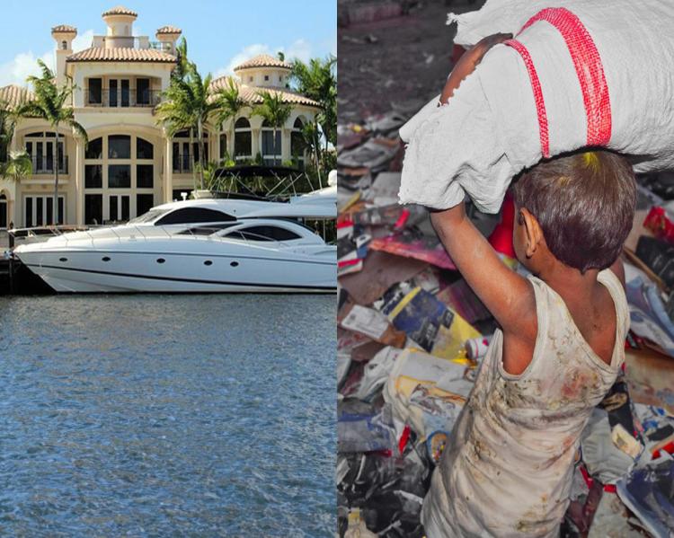 Duas imagens, a da esquerda mostra um barco e a fachada de uma mansão; a da esquerda, uma criança carregando um saco na cabeça em um cenário de pobreza