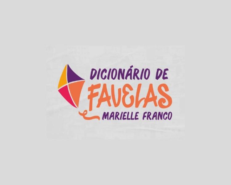 Logomarca do Dicionário de Favelas Marielle Franco, com texto nas cores laranja e roxa, acompanhados do desenho de uma pipa nas mesmas cores
