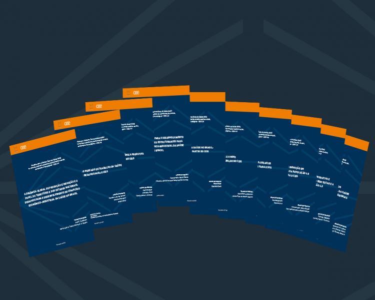 capas replicadas em forma de leque dos relatórios de pesquisa, com fundo azul escuro e tarja laranja no alto