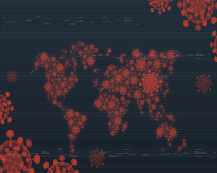 Mapa mundo com países em formato do coronavírus, na cor laranja em fundo preto