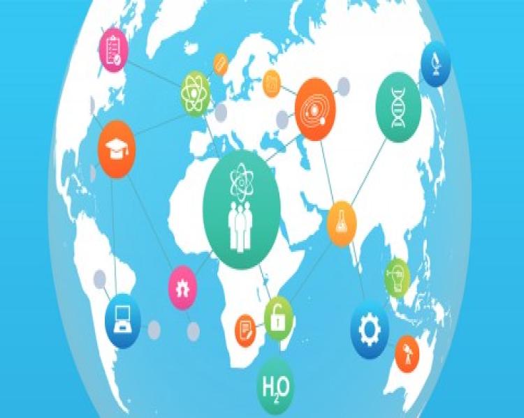 Mapa mundi em fundo azul claro, com ícones referentes a temas da Ciência