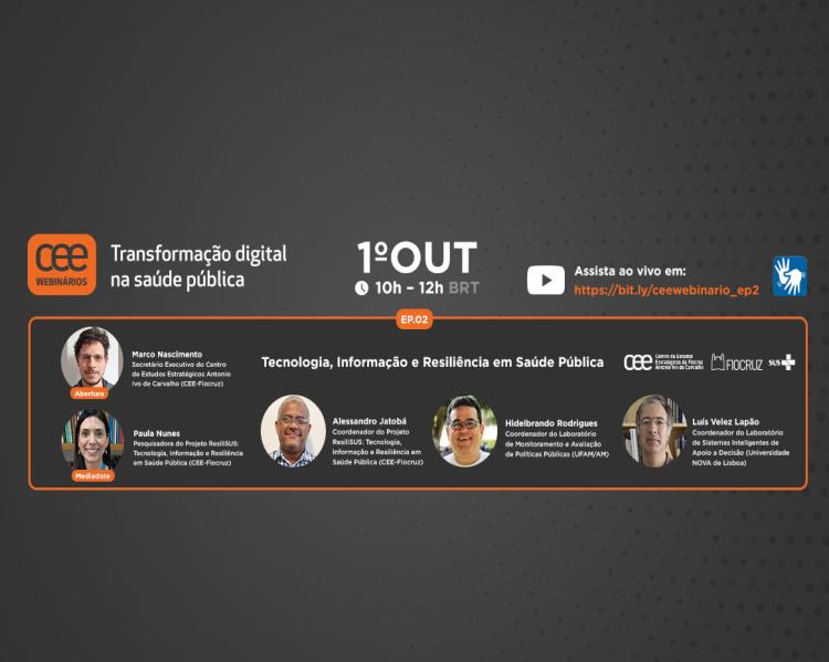 Cartaz do webinário Tecnologia, Informação e Resiliência em Saúde Pública, em fundo cinza com fotos dos rostos dos participantes em formato circular; no alto à esquerda, está a logomarca CEE webinários em laranja e, ao lado, o texto Transformação Digital na Saúde Pública.