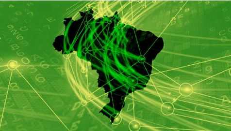 Silhueta do mapa do Brasil perpassado por linhas verdes, indicando conexão
